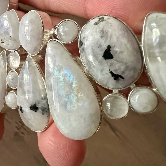 925 MOON GODDESS Rainbow Flash Moonstone Collar Bib Necklace - Picture 5 of 9